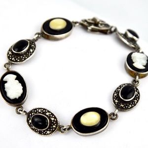 Vintage Cameo, Onyx, Mother of Pearl, Marcasite & Yellow Cat Eye 925 Bracelet